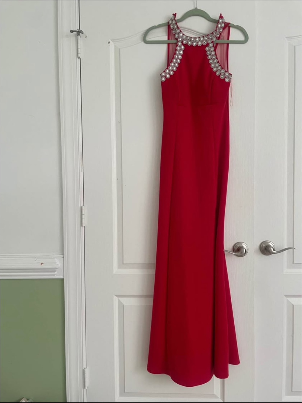 Crystal Doll Red Jeweled Halter Prom Gown